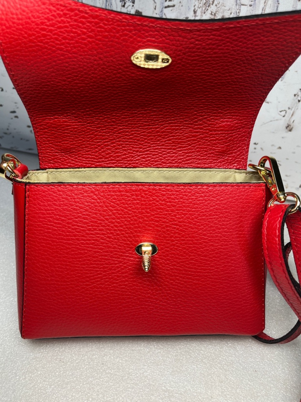 Italian Leather Clutch Crossbody Top Handle Red Bag Bee Closure - Picture 6 of 11